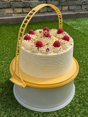 Tupperware cake carrier baked goods display stand case. Gold